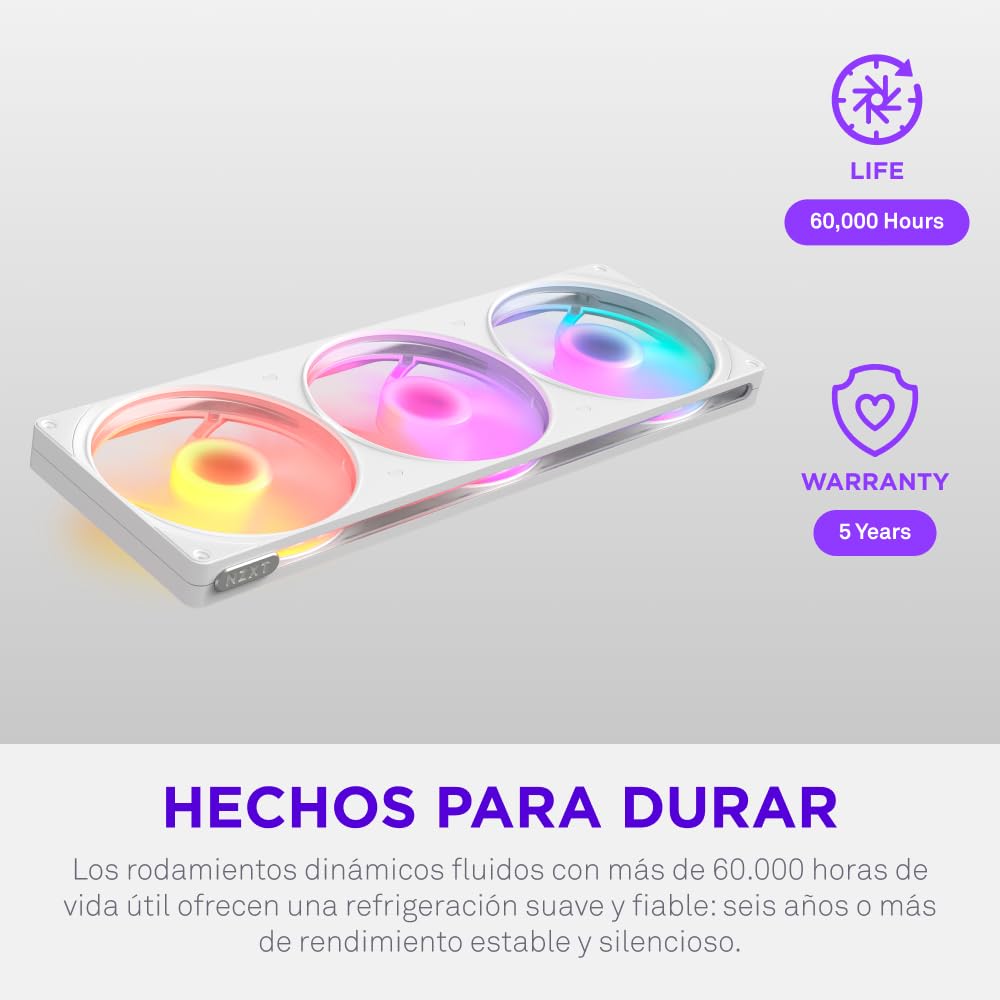 NZXT F420 RGB - Ventilador RGB PWM Marco Único 420mm - Blanco | Unidad de marco único de 420mm con tres ventiladores RGB PWM de 140mm. RGB vibrante y rodamiento dinámico fluido, silenciosa.