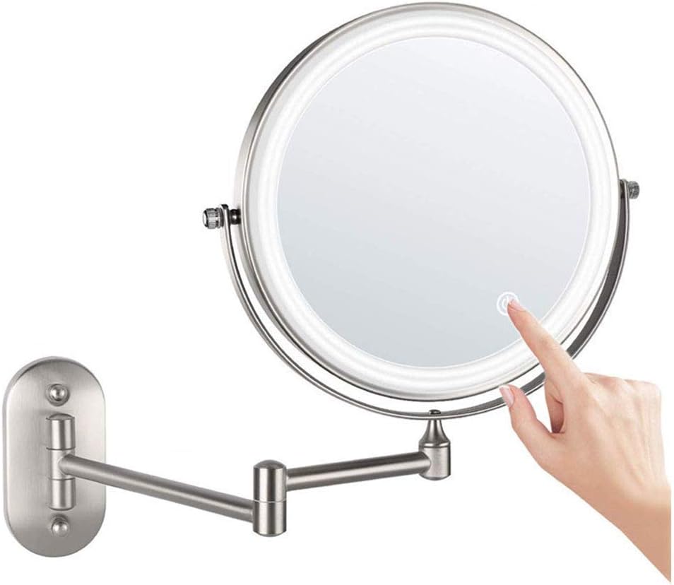 8'' Bathroom Mirror Wall Mounted Upgrade Auto Off LED Makeup Mirror Shaving Mirror with 1X/ Magnification 360° Swivel Powered by 4 x AAA Batteries Black(Nickel)