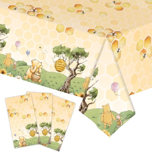 WISSLERMER 3pcs Party Tablecloth Bear Baby Shower Tablecloths Classic Bear Disposable Thickened Plastic Table Cover for Kids 1st 2rd Baby Party Supplies 54x108Inches (Yellow)