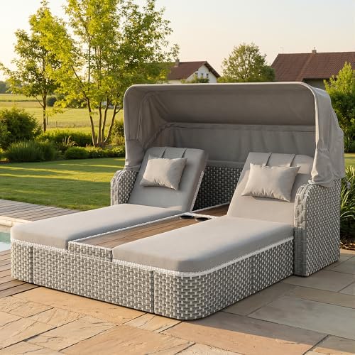 Shye Juego de muebles de jardín con protección solar, conjunto de islas de ratán de ratán con cenador, resistente a la intemperie, incluye sofá, taburete, sillón y mesa, para balcón y jardín, color