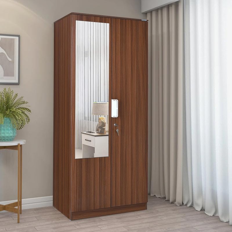 Nilkamal Joyce 2 Door Wooden Wardrobe with Mirror for Bedroom | Almirah with 3 Shelves & 1 Hanging Rod | Clothes Cupboard | Engineered Wood | Walnut