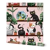 Peel & Stick Wallpaper Swatch - Funny Cats Black Cat Calico Cats Rescue Kitties Houseplants Custom Removable Wallpaper by Spoonflower