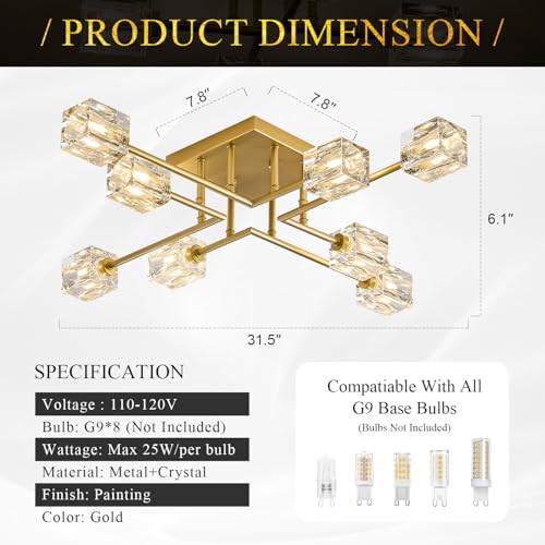 Image of 8-Light Gold Sputnik Chandeliers Modern Crystal Semi Flush Mount Ceiling Light Fixture L 31.5 inch Industrial Chandelier for Living Room Dining Room Foyer Entryway Kitchen Bedroom