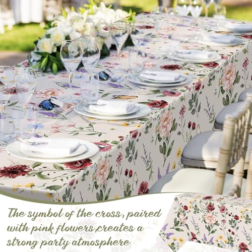 Image of Ganeen 3 Pcs Floral Tablecloth Disposable Plastic Wildflower Table Covers Rectangle Vintage Wildflower Tablecloths for Baby Shower Birthday Wedding Mothers Day Spring Tea Party Decor, 54 x 108 Inch
