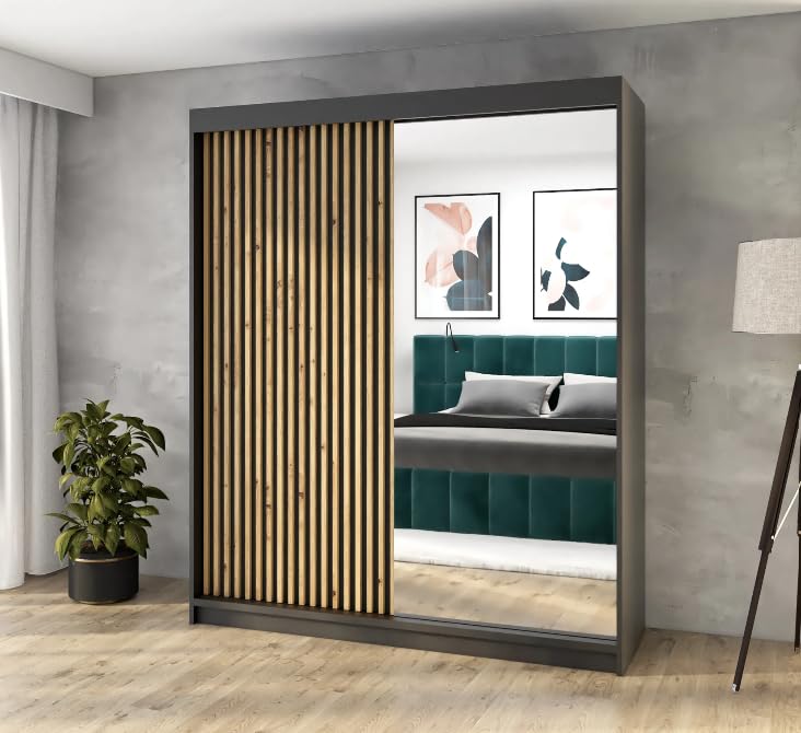 A&J MöbelLand Schwebetürenschrank MIT Kleiderschrank 180 cm mit Spiegel & Holzlamellen (Schwarz)