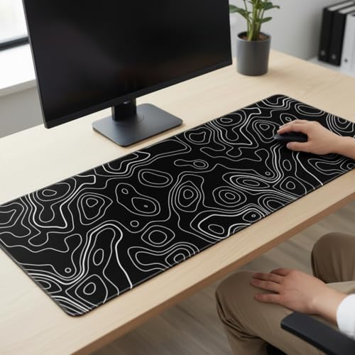 Image of Abstract Contour Line Extended Desk Mat (305 x 813 mm) - 3mm Thick Premium Rubber Base Mouse Pad for Gaming, Office & Work Setup