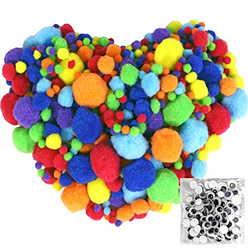 Pom Poms 770pcs 5 Sizes Multicolor with 100pcs Wiggle Googly Eyes for Creative Crafts DIY Decorations