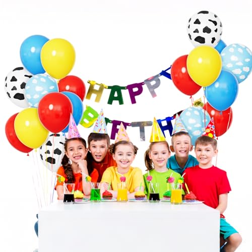 Image of 68Pcs Red Yellow Blue Toy Balloons 12 Inch Light Blue Cloud Cow Print Balloons for Baby's Birthday Story and Football Party Themed Decorations.