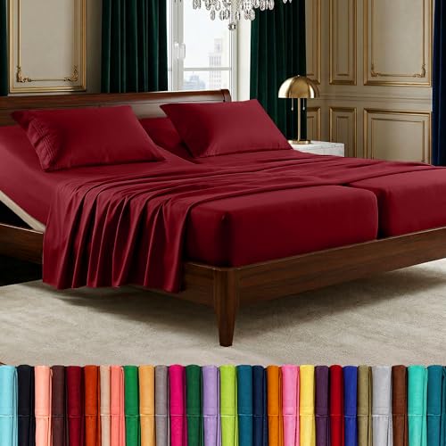 Image of Elegant Comfort Luxurious 1500 Premium Hotel Quality Microfiber Three Line Embroidered Softest 5-Piece Bed Sheet Set, Wrinkle and Fade Resistant, Split King, Burgundy