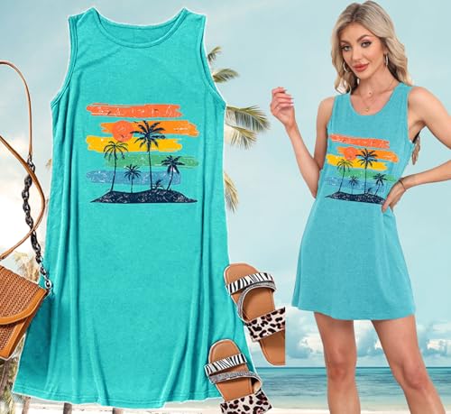 Image of Summer Tank Dress for Women Sunset Palm Tree Beach Vacation Cover Up