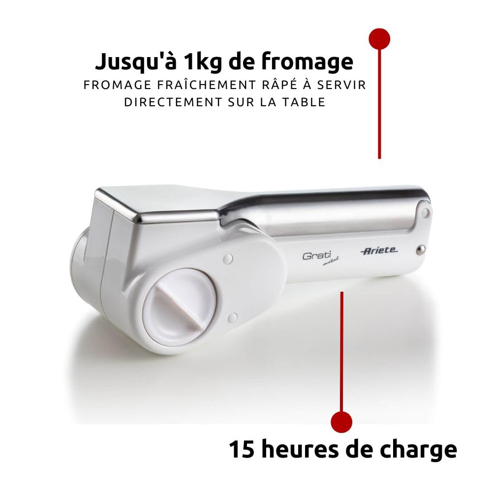 Ariete Gratì Metal 44, Râpe à Fromage Électrique Sans Fil, 2 Rouleaux en Acier Inoxydable Inclus, 1 Kg de Fromage avec Une Recharge, Râpe Pour de Nombreux Ingrédients, 1500Mah, Blanc