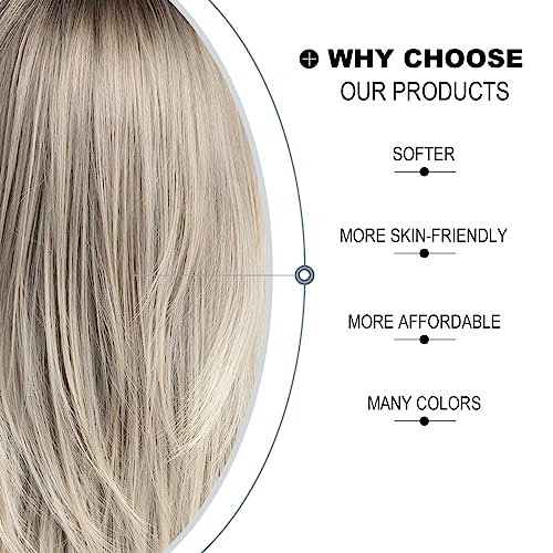 Haircube Ombre Grey Blonde Wigs With Bangs,Long Layered Wig For Women,Natural Looking Shoulder Length Wigs Synthetic Wigs For Daily Party 24In #TOP6