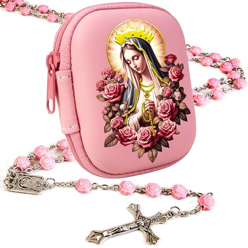 Rosary Beads Catholic for Women - Pearl Beads with Classic Cross, Virgin Mary Zippered Prayer Box, First Communion Gifts, Baptism Confirmation Jewelry