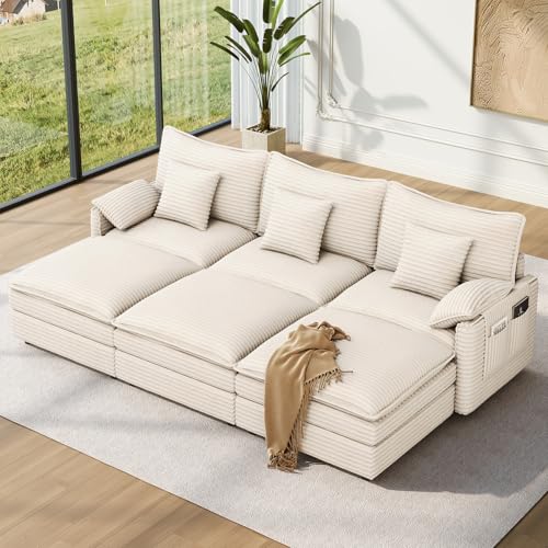 Image of Vesgantti 108 inch Sectional Sleeper Sofa, 6-Seater Oversized Modular Cloud Couch with Movable Ottoman, Corduroy Large Sofa Bed Convertible Deep Seat Couches for Living Room, Bedroom and Apartment, Beige