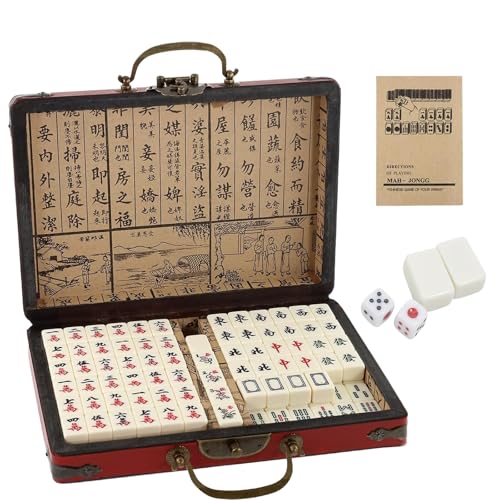 Eidoct Mini Chinese Majong Set, 144PCS Mahjong Tile Set with 2 PCS Dice & Leather Carrying Case Box, Portable Family Mahjong Game Set Leisure Time Or Travel