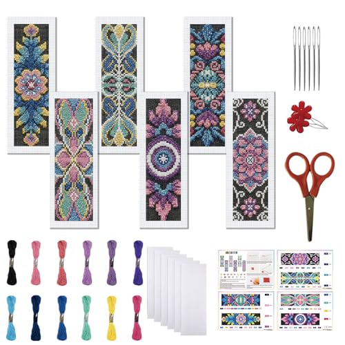 Image of FREEBLOSS 6 Set Cross Stitch Bookmark Kit 11 CT Complete Stamped Cross Stitch Kit DIY Embroidery Bookmark Kits for Adult Beginners with Instructions, Retro Floral Pattern, 6 x 20 cm /8 inch x 2.4 inch