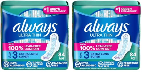 Image of Always Ultra Thin Feminine Pads with Wings for Women, Size 3, Extra Long Super Absorbency, Unscented, Up to 100% Leak-Free Protection,84 Count (Pack of 2)