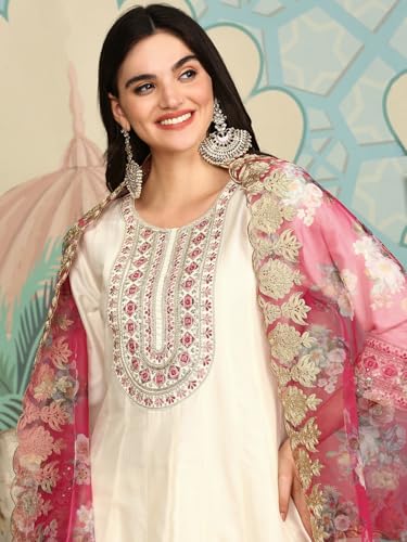 Image of ishin White Floral Embroidered Thread Work Straight Kurta With Trousers & Dupatta | Kurta set for women | Kurta with trousers and dupatta