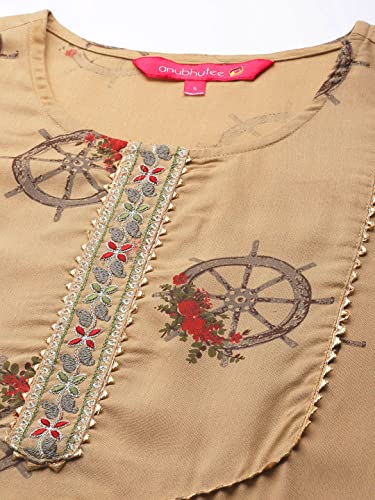 Image of anubhutee Women's Cotton Beige Thread Work Abstract Printed Straight Kurta