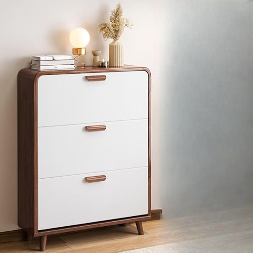 3つのフリップ引き出し付きシューズキャビネット、木製ティッピングバケツシューズラックオーガナイザー、壁取り付け式ナローシューズラック、玄関、廊下、寝室用、内側1段 (ウォールナット、長さ31.5インチ x 幅6.5インチ x 高さ47インチ) (ウォールナ