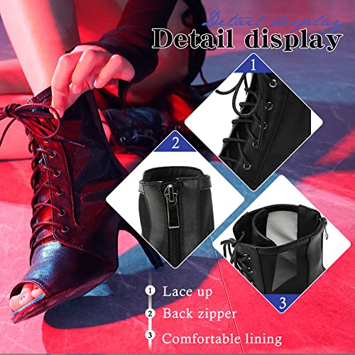 HIPPOSEUS Women's Net Yarn Latin Salsa Dance Booties Peep Toe Ballroom Ankle Boots Lace up Heels Class Dance Shoes3
