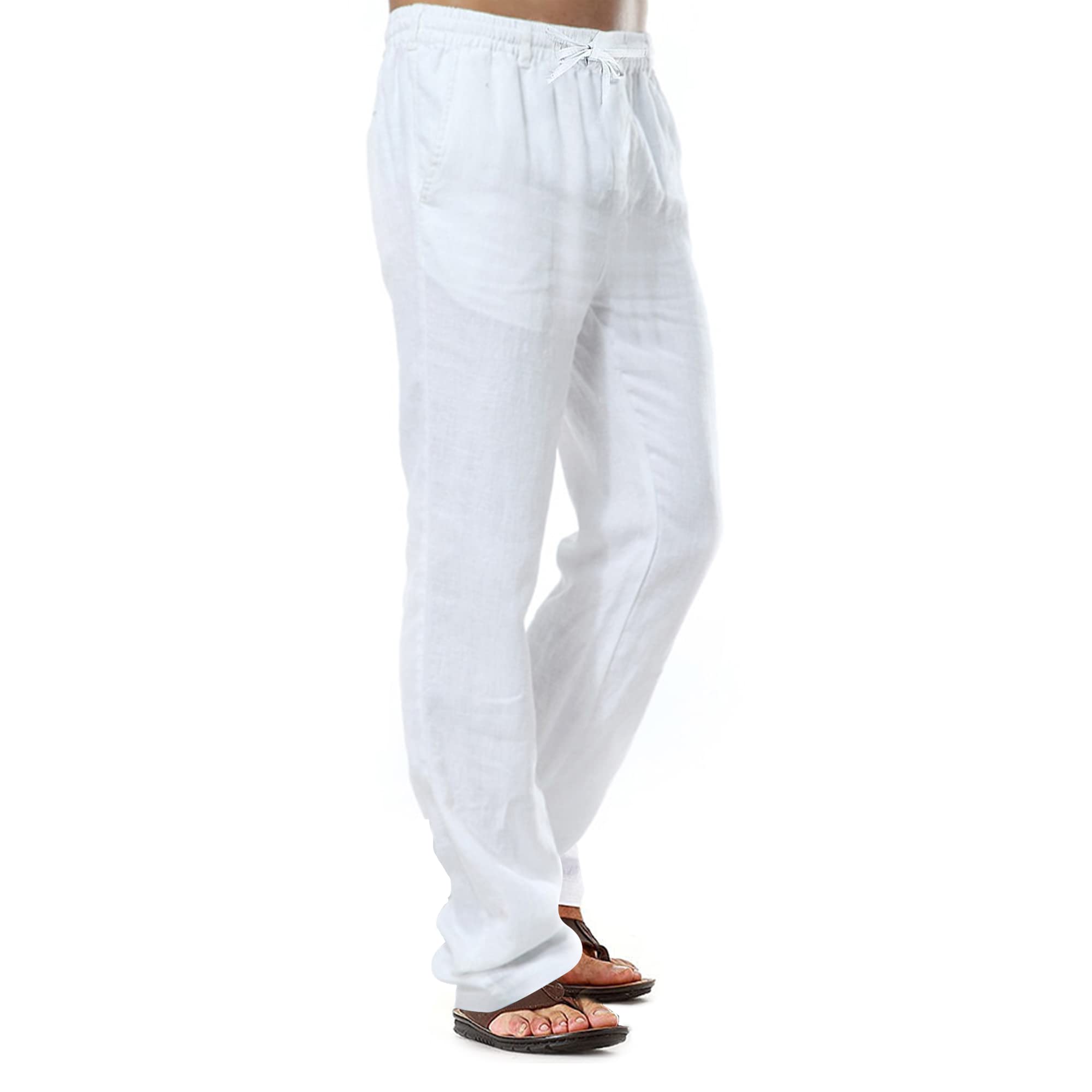 CTU Pantaloni di Lino da Uomo Pantaloni di Cotone Casual da Spiaggia Estivi Pantaloni Leggeri con Coulisse