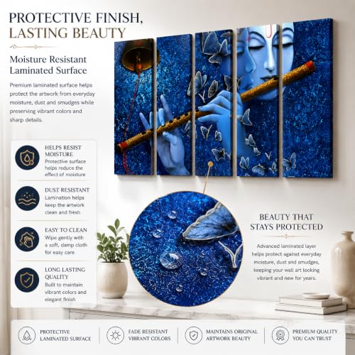 Image of Kyara Arts Krishna Wall Painting for Living Room Big Size with Wooden Frame | Premium Vinyl Print with Textured Finish | Krishna with Flute, Spiritual Wall Decor for Home Decoration | Ideal Gift Option (36 x 60 In)
