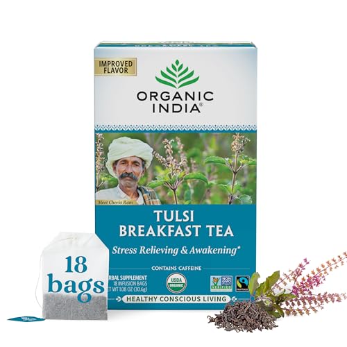 Image of Organic India Tulsi Breakfast Herbal Tea - Holy Basil, Stress Relieving & Awakening, Immune Support, Adaptogen, Vegan, USDA Certified Organic, Non-GMO, Caffeinated - 18 Infusion Bags, 1 Pack