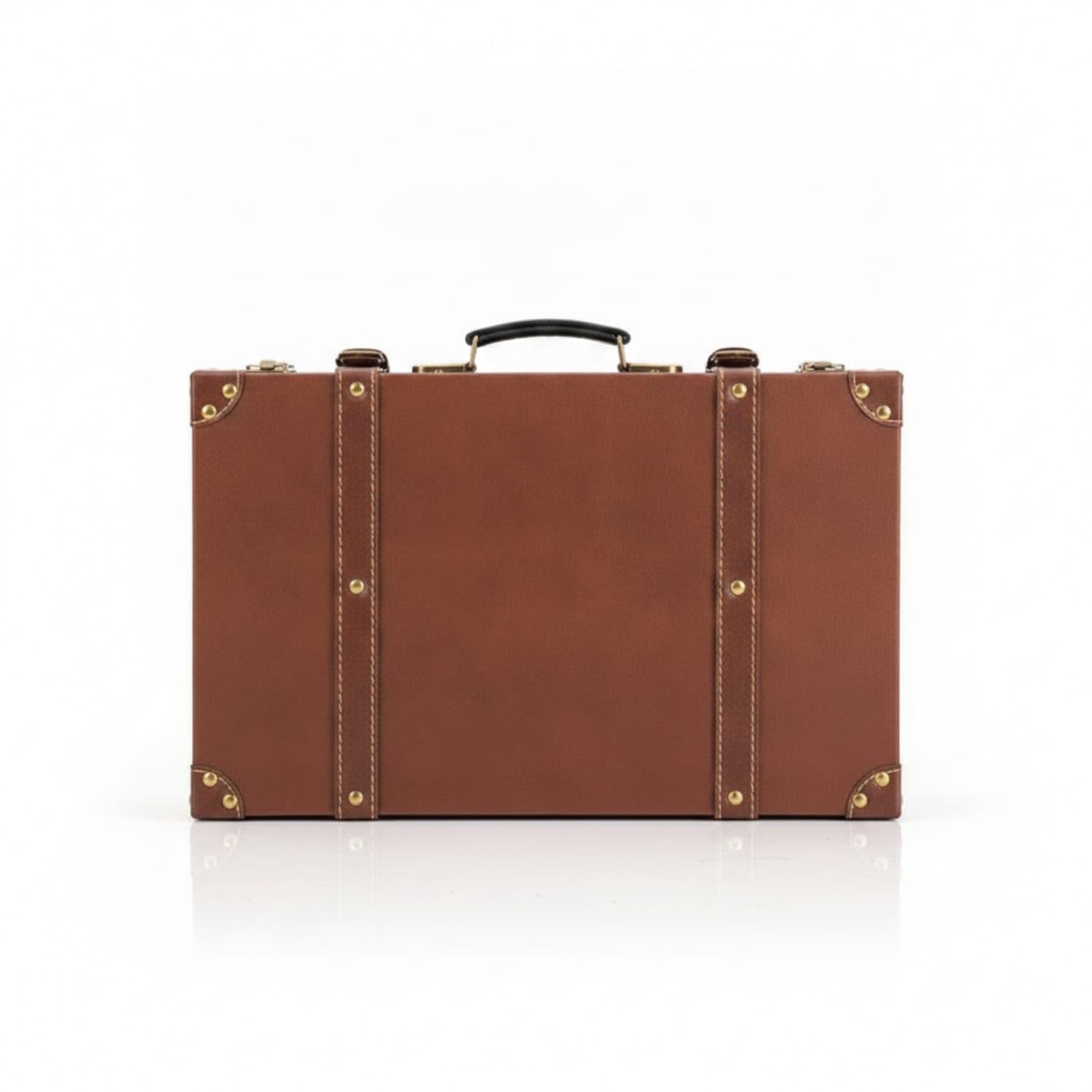 Leather-Like Finish Vintage Trunk-Shaped Storage Box Metal Rivets Suitcase-Style Storage Box Stitched Straps Keepsake Chest Carrying Handle for Photography Prop, Brown Style C Small-picture-11