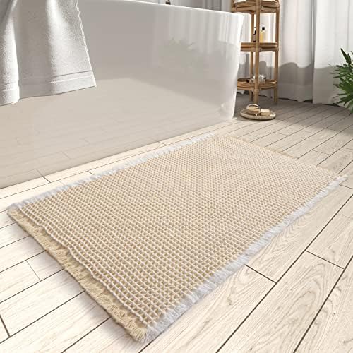 Upgraded Waffle Bath Mat, Super Absorbent Non Slip Bath Mats for Bathroom Floor, Machine Washable Boho Bathroom Rugs with Tassels, Rubber Backing Bathroom Mat, Ultra Soft, Beige White, 24" x 36"