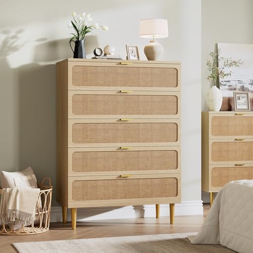 GarveeHome Rattan 5 Drawer Dressers for Bedroom Tall Dresser with Deep Drawers Large Chest of Drawers for Closet with Wide Top Long Wooden Dresser for Living Room Hallway Kids Room Natural