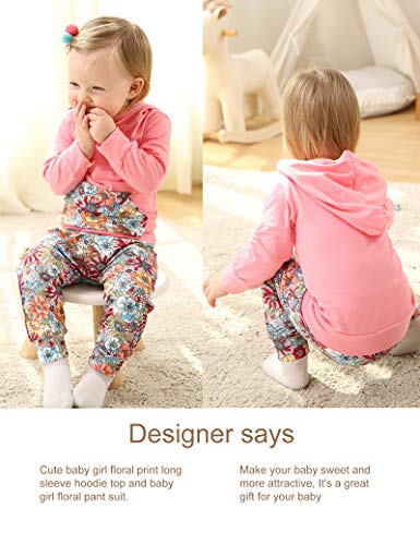 Image of Baby Girls Long Sleeve Flowers Hoodie Tops and Pants Outfit with Kangaroo Pocket Headband