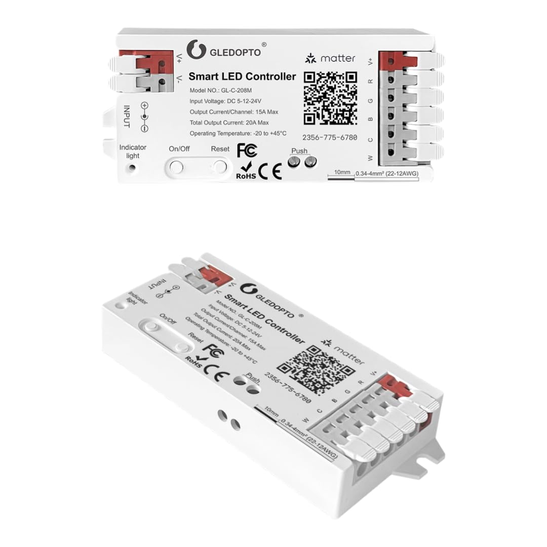 GLEDOPTO GL-C-208M Controlador LED Matter RGBCCT 5 en 1 (PWM) para Tiras Analógicas 5V/12V/24V – 15A/canal (20A máx) – Wi-Fi 2.4 GHz – Apple Home, Alexa y Google Home
