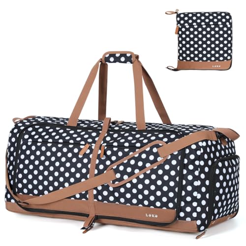Image of Lekesky Foldable Travel Duffel Bag for Women, 80L Large Duffle Bag with Separate Shoes Compartments & Straps, Carry On Weekend Bag for Women, Hospital, Overnight(Polka Dots)