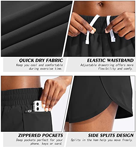 Soothfeel Womens Running Shorts with Zipper Pockets High Waisted Athletic Gym Workout Shorts for Women with Liner Black - Thumbnail 4