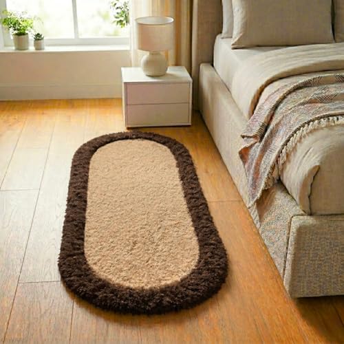 Image of Shaggy Runner, Polyester Rug, Hallway Carpet, Bedside Runner, Plush Area Rug, high Pile Rug, 2 inch Pile, Fluffy Floor mat. - (1.5x4 feet, Beige /Coffee, Oval)