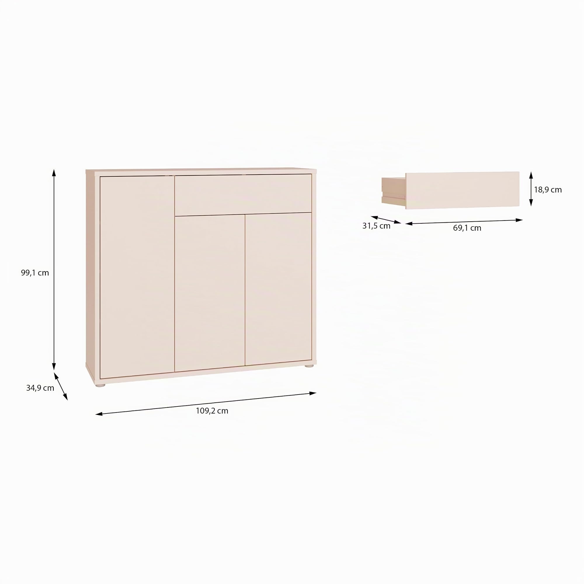 Forte Alice Springs Schuhschrank 100 110, modern-minimalistisch, 3-türig, 1 Schublade, Flur, Holzwerkstoff, Kaschmir Beige, 109,2 cm breit x 99,1 cm hoch x 34,9 cm tief