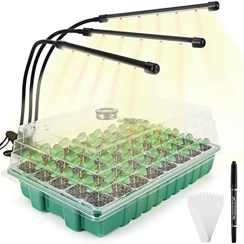 TIEBOLA Seed Starter Kit with Grow Light - Durable Seed Tray, 40-Cell Germination Trays with Drain Hole, with Humidity Dome, and Thermometer Hygrometer, Humidity Dome for Seed Growing Germinating.