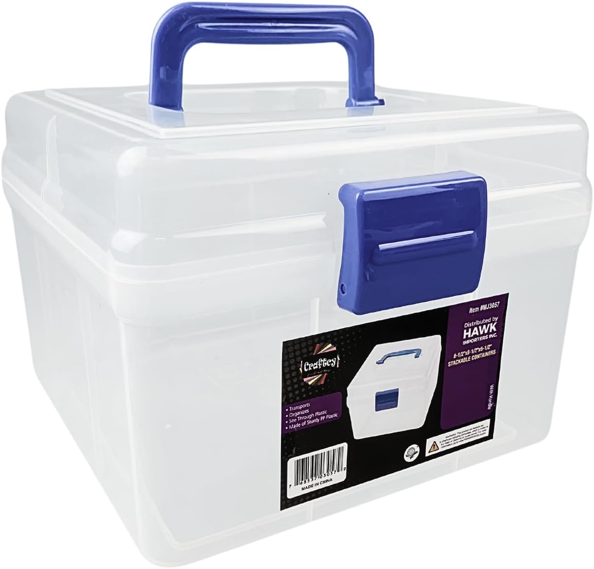 BIN BUDDY 8.25" x 8.25" x 6" (21 cm x 21 cm x 15.2 cm) Clear Plastic Storage Box | Blue Handle and Latch | Lightweight and Sturdy | Ideal for Beading, Crafting, and Hobbies
