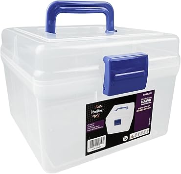 BIN BUDDY 8.25" x 8.25" x 6" 21 cm x 21 cm x 15.2 cm Clear Plastic Storage Box | Blue Handle and Latch | Lightweight and Sturdy | Ideal for Beading, Crafting, and Hobbies