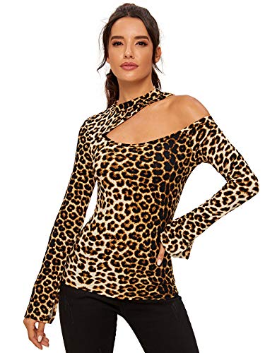 SheIn Women's Sexy One Shoulder Long Sleeve Slim Fit Cut Out Animal Print Tee T-Shirts Brown Leopard X-Small