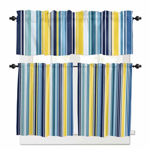 Blue Yellow Teal Stripes Kitchen Curtains 36 Inch Length, 3 Piece Rod Pocket Small Half Tiers and Valance Set, Boho Colorful Ombre Texture Small Large Window Treatment Decor for Bedroom/Bathroom Sink