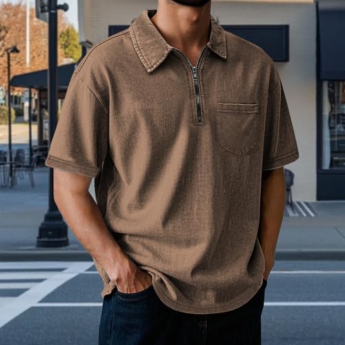 Big and Tall Golf Shirts for Men Short Sleeve Quarter Zip Vintage Collared Shirt Mock Neck Summer Tees with Chest Pocket2