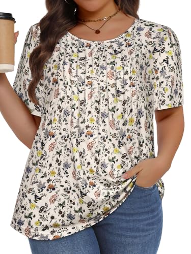 Image of Plus Size Tops for Women Pleated Summer Top Trendy Short Sleeve Shirts Casual Basic Tee Crew Neck Blouses 2026