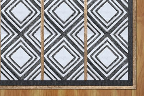 Tapis bohème en jute naturelle tissé main aux finitions noir et blanc