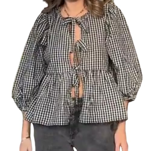 Tie Front Tops for Women Y2k Leopard Print Peplum Babydoll Top 3/4 Length Puff Sleeve Coquette Cute Going Out Tops Large Black Gingham