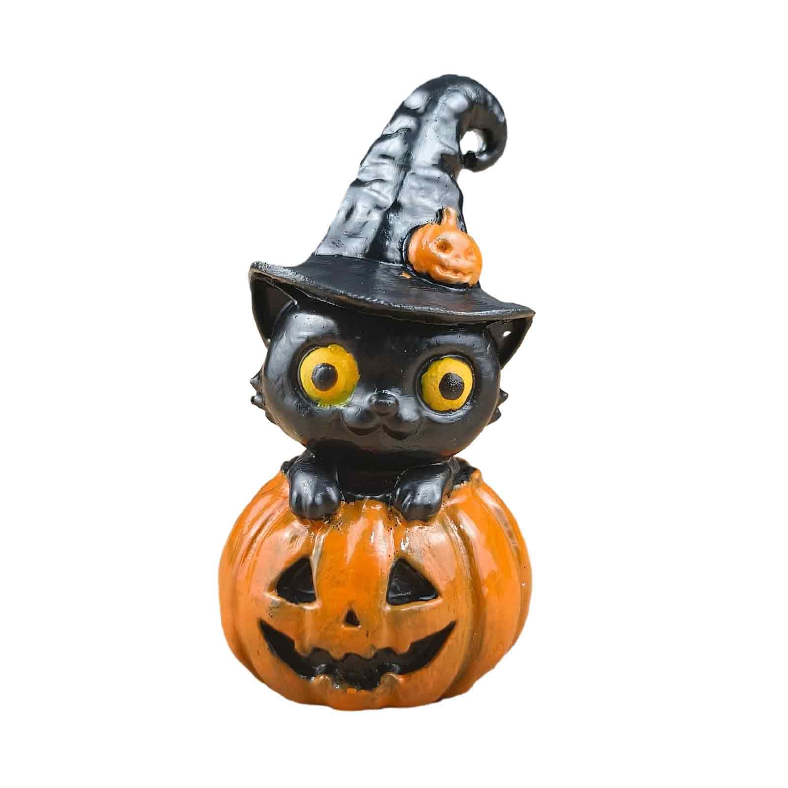 ZhzeYun Halloween Black Cat Pumpkin Ornament, Resin Cat Figurine Decor
