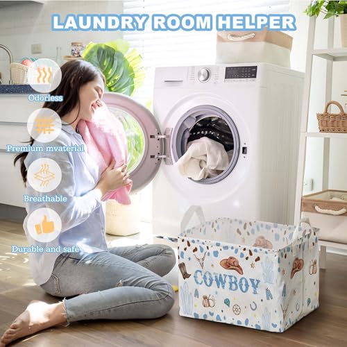 Image of Western Basket for Cowboy Nursery Decor Boy, Blue White Brown Western Toy Bin, Cowboy Baby Shower Decorations, Large Squarecanvas Laundry Hamper With A Waterproof PECoating, Foldable