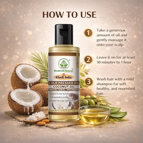 Image of Bhudevam Naturals Khadi Cold Pressed Pure Coconut Oil For Skin & Hair | Helps to Prevents Hairfall | Moisturizing and Nourishing For All Hair And Skin Types (210ml)