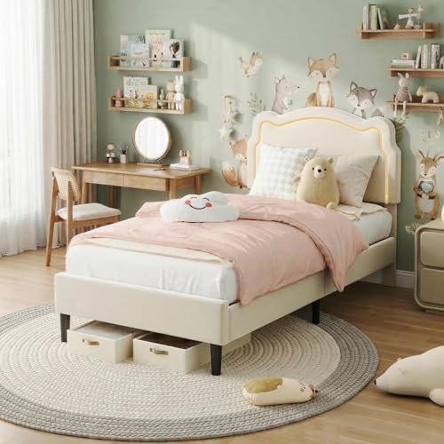 Image of Velvet Upholstered Princess Bed Frame with RGB LED Smart Light, Adjustable Bear Headboard, Wooden Slat Support, No Box Spring Needed, Noise-Free, Easy Assembly, Twin Size for Kids, Twin Beige